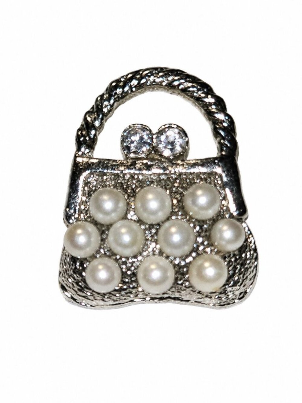 Vintage Y2K Antiqued Silver Pearl & Clear Rhinestone Mini Bag Bridal Brooch